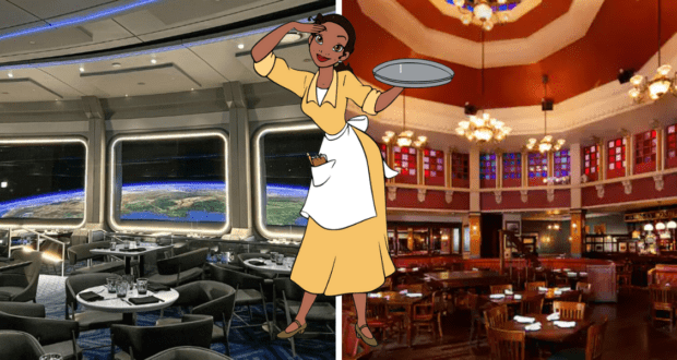 A Cast Member stands between the cosmic atmosphere of Space 220 and the elegant, golden glow of a signature Disney dining room, showcasing the immersive culinary magic awaiting guests at Walt Disney World Resort.