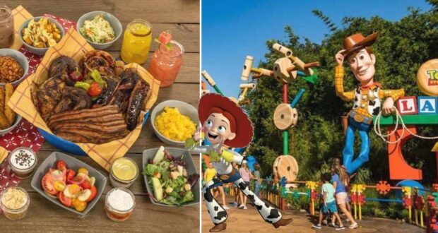 Left: Hearty barbecue platter with classic sides served at Roundup Rodeo BBQ in Toy Story Land. Right: Woody and Jessie greeting guests at the colorful entrance of Toy Story Land as visitors stroll by.