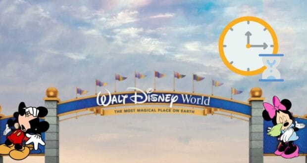 The iconic Walt Disney World entrance greets guests as a somber-looking Mickey and Minnie stand beneath the archway, while clocks and hourglass icons float above, playfully highlighting the famously long wait times at the park.