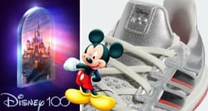 Mickey Mouse poses next to a sparkling adidas Ultraboost sneaker in front of a fairytale castle, with "Disney 100" celebrating the magic on a vibrant purple backdrop.