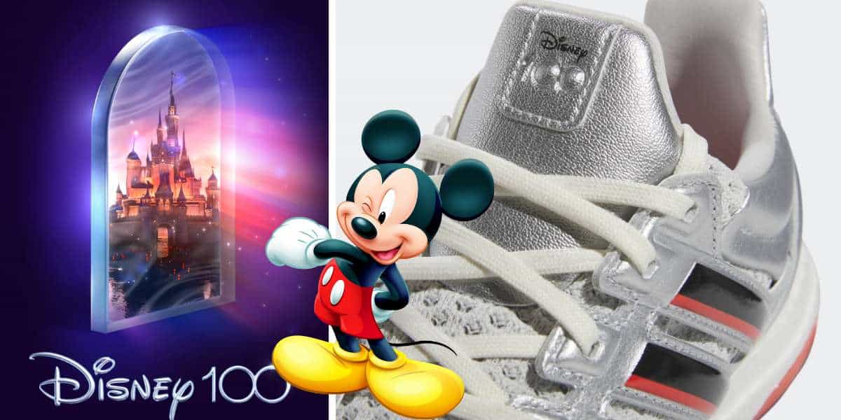 Mickey Mouse poses next to a sparkling adidas Ultraboost sneaker in front of a fairytale castle, with "Disney 100" celebrating the magic on a vibrant purple backdrop.