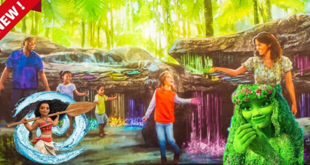 Guests journey through an enchanting, vibrant forest alongside Moana and Te Fiti from the Disney Journey of Water attraction; a bold "NEW!" banner highlights this exciting experience.