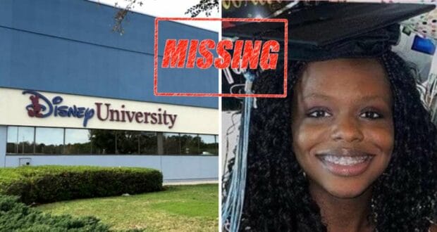 Left: The iconic Disney University building. Right: Marisia Burton, beaming in her graduation cap. Across the top, bold red "MISSING" text draws attention to Marisia's absence from the Disney cast member family.