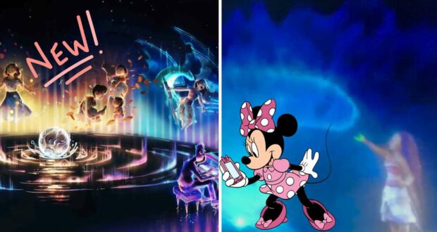 Split image: On the left, beloved Disney characters delight fans as they take the stage; on the right, Minnie Mouse shines alongside a performer beneath dazzling blue lights, perfectly capturing the wonder and excitement of a Disney Parks Nighttime Spectacular.