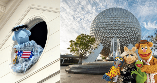 Sam Eagle proudly holds his collectible Sam Eagle Sipper while gazing out the window; nearby, the Muppets gather for a fun photo in front of Epcot’s iconic geodesic sphere under bright, sunny skies.