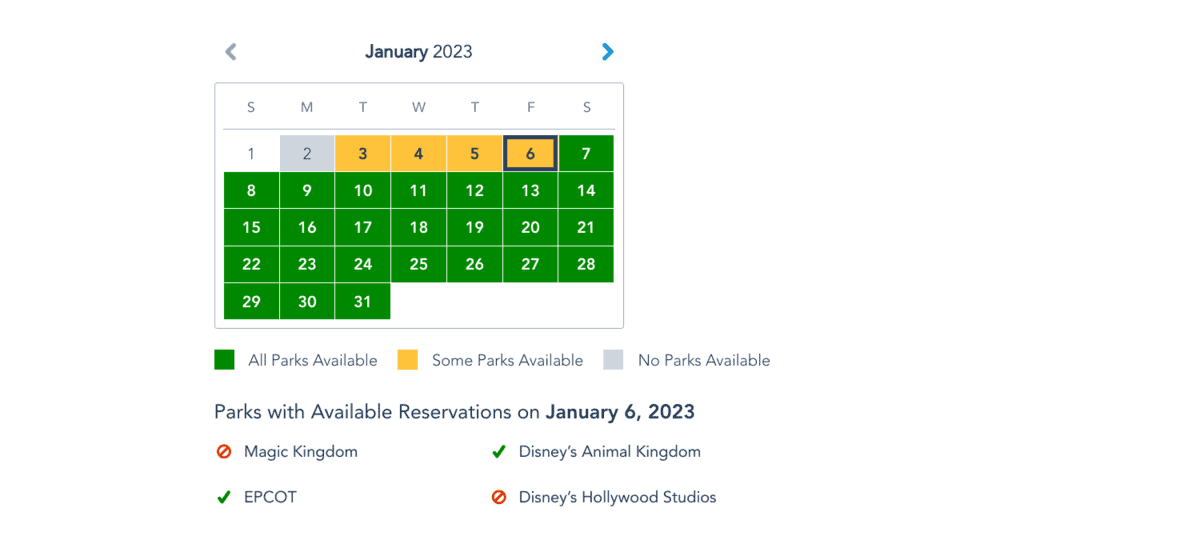 A Disney World reservation calendar for January 2023 features color-coded boxes highlighting each park’s availability, alongside insights to help guests plan around typical wait times for popular attractions.