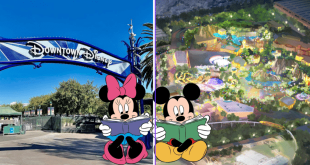 Left: Iconic Downtown Disney entrance welcoming guests. Right: Illustrated map with Minnie and Mickey enjoying books together in the foreground, capturing fan anticipation for the DisneylandForward expansion.