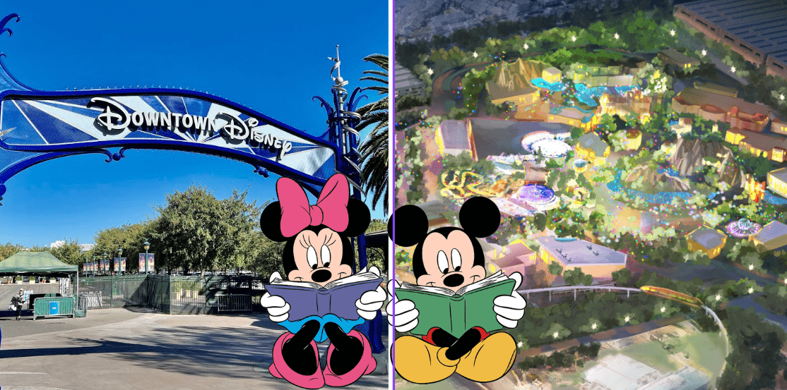 Left: Iconic Downtown Disney entrance welcoming guests. Right: Illustrated map with Minnie and Mickey enjoying books together in the foreground, capturing fan anticipation for the DisneylandForward expansion.