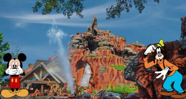 Mickey Mouse and Goofy pose together in front of Splash Mountain, surrounded by blue skies and lush trees, capturing the excitement of a magical Disney Visa experience at Disney World.