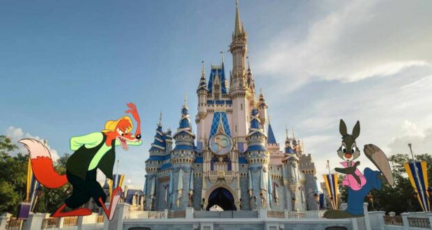 Br’er Fox and Br’er Rabbit pose together in front of Cinderella Castle at Disney World on a bright, sunny day, capturing the playful Splash Mountain atmosphere beloved by park guests.