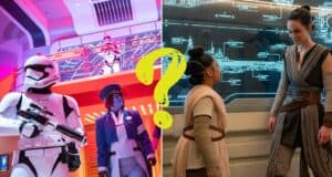 Split image featuring a Star Wars stormtrooper on the left and Rey with a young fan in costume on the right, separated by a bold yellow question mark—evoking the immersive adventure and mystery of Disney's Star Wars: Galactic Starcruiser experience.