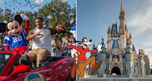 Mickey Mouse joins a triumphant football player in a festive Super Bowl victory parade through Disney Parks, joined by Goofy as Cinderella’s Castle provides an enchanting backdrop to the celebration.