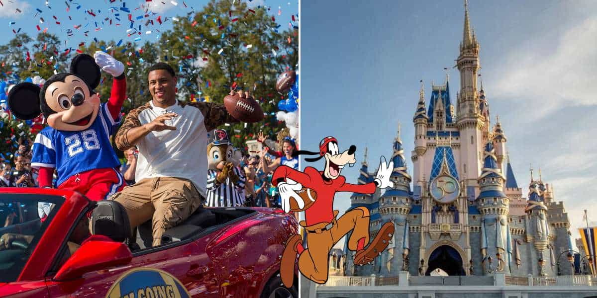 Mickey Mouse joins a triumphant football player in a festive Super Bowl victory parade through Disney Parks, joined by Goofy as Cinderella’s Castle provides an enchanting backdrop to the celebration.