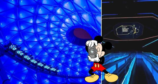 Mickey Mouse snapping pictures in front of the dazzling, neon-blue TRON Lightcycle / Run attraction at Disney World, with the ride’s immersive glowing tunnel as a futuristic backdrop.