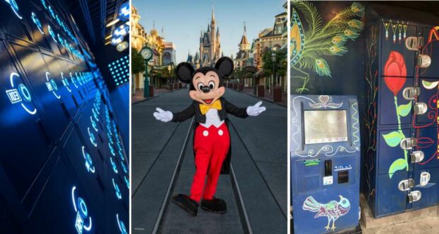 Three images: the glowing lockers at TRON Lightcycle / Run, Mickey Mouse posing in front of Cinderella Castle at Disney World, and a row of vibrant lockers adorned with whimsical bird artwork.
