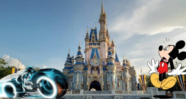 Mickey Mouse, wide-eyed with surprise, watches as a Tron light cycle zooms past the iconic Cinderella Castle at Disney World, while eager fans rush through the TRON Lightcycle / Run queue, adding to the excitement of this thrilling new attraction.