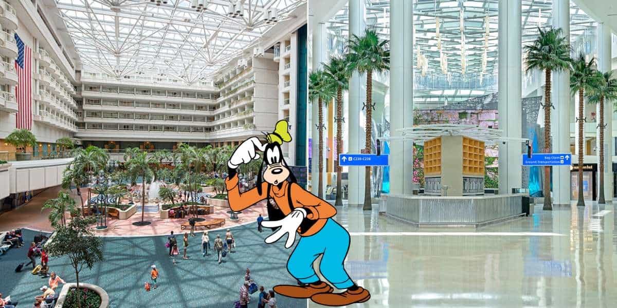 Goofy greets guests inside the spacious and vibrant Terminal C at Orlando International Airport, surrounded by tropical palm trees and travelers passing by.