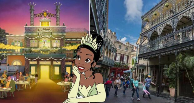 Tiana greeting guests on the patio of Tiana's Palace at Disneyland, as visitors stroll past the iconic ornate ironwork facade under sunny skies, adding to the restaurant’s lively New Orleans-inspired atmosphere.