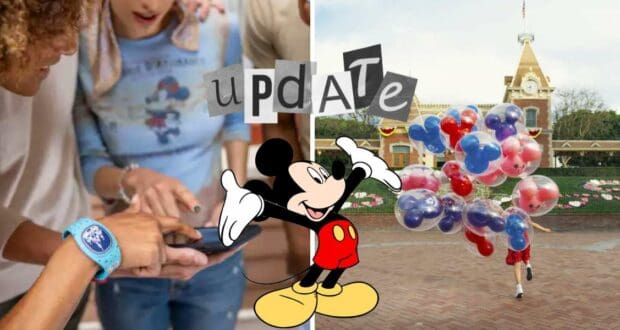 Guests checking their phones as Mickey Mouse waves nearby, colorful balloons floating and the iconic Disney parks entrance in the background, all celebrating the thrill of park hopping adventures with an "update" prompt on display.