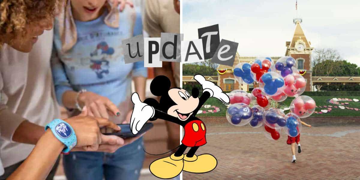 Guests checking their phones as Mickey Mouse waves nearby, colorful balloons floating and the iconic Disney parks entrance in the background, all celebrating the thrill of park hopping adventures with an "update" prompt on display.