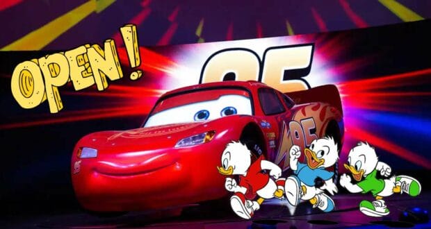 Lightning McQueen, sporting an "OPEN!" sign, greets guests at Hollywood Studios' top Cars attraction. In front of the iconic racer and a vibrant 95 backdrop, Huey, Dewey, and Louie zoom by in energetic fashion.