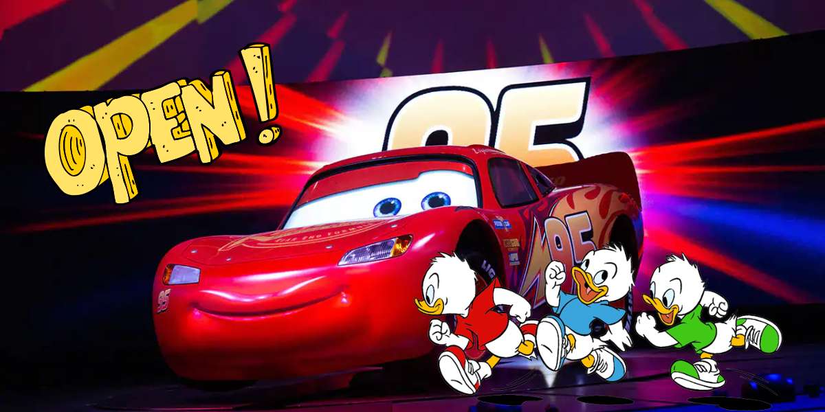 Lightning McQueen, sporting an "OPEN!" sign, greets guests at Hollywood Studios' top Cars attraction. In front of the iconic racer and a vibrant 95 backdrop, Huey, Dewey, and Louie zoom by in energetic fashion.