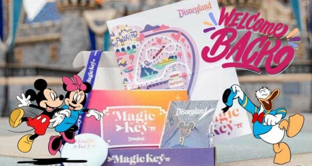 Disneyland Magic Key welcome package showcasing exclusive Magic Key passes and cards, with Mickey, Minnie, and Donald Duck greeting fans alongside a festive "Welcome Back" message—perfect for Disney enthusiasts experiencing the magic of the parks.