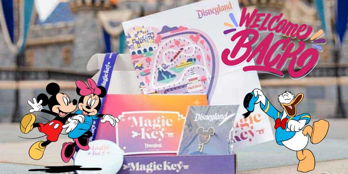 Disneyland Magic Key welcome package showcasing exclusive Magic Key passes and cards, with Mickey, Minnie, and Donald Duck greeting fans alongside a festive "Welcome Back" message—perfect for Disney enthusiasts experiencing the magic of the parks.