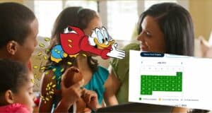 Scrooge McDuck dives for gold coins above a family planning their Disney World trip, with a July 2023 calendar featuring green, yellow, and white squares—capturing the thrill of saving big with top Disney World budget tips.