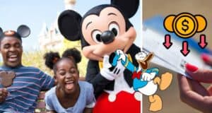 Mickey Mouse poses with a family at Disneyland, surrounded by playful ticket icons that highlight payment options and tease exclusive Disney park ticket discounts.