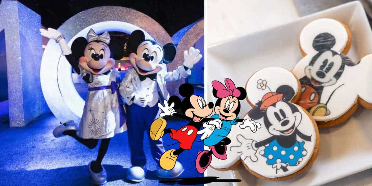 Mickey and Minnie Mouse join together in a festive pose, commemorating 100 years of Disney magic; nearby, cookies topped with delightful images of Mickey and Minnie are artfully arranged on a plate, perfect for indulging in the celebration.