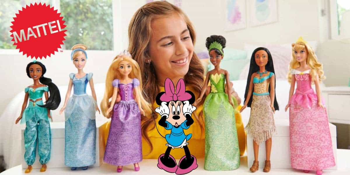 A young fan beams at a display of six Disney Princess dolls by Mattel, featured alongside a Minnie Mouse graphic and the official Mattel logo—capturing the magic of beloved Disney icons celebrated in family entertainment venues.