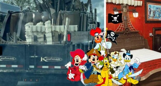 Beloved Disney characters dressed as playful pirates strike lively poses in front of a pirate-themed truck and whimsical pirate ship bed, creating an immersive scene brimming with the swashbuckling adventure and tropical charm guests experience at Disney’s Caribbean Beach Resort.