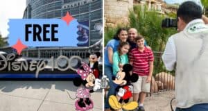 Left: A bright "FREE" sign draws attention to the Disney100 display, showcasing an exclusive complimentary Disney keepsake. Right: Guests beam as they pose with Mickey Mouse at Walt Disney World, while a Disney PhotoPass photographer captures the magical memory.