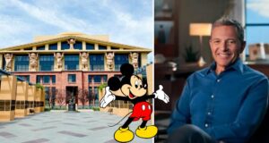 Mickey Mouse and a cheerful guest stand in front of the iconic Disney Studios building, radiating the joy and excitement that fans love about Disney theme parks and special company events.