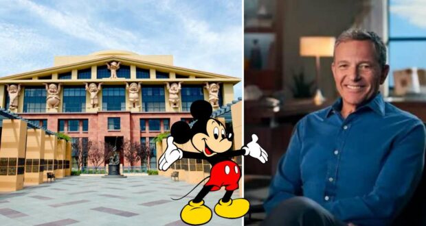 Mickey Mouse and a cheerful guest stand in front of the iconic Disney Studios building, radiating the joy and excitement that fans love about Disney theme parks and special company events.