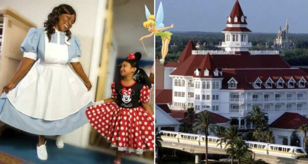 A Disney World housekeeper character shares a cheerful moment with a young guest dressed as Minnie Mouse, with a magical backdrop of a Disney resort hotel and Tinker Bell sparkling nearby.