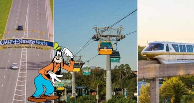 Collage featuring the iconic Walt Disney World entrance, classic Goofy cartoon artwork, Disney Skyliner gondolas spotlighting the latest Skyliner Refurbishment, and the signature Disney monorail gliding along its track.