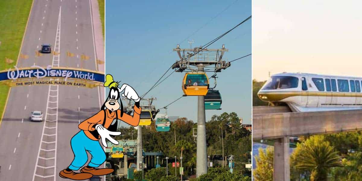 Collage featuring the iconic Walt Disney World entrance, classic Goofy cartoon artwork, Disney Skyliner gondolas spotlighting the latest Skyliner Refurbishment, and the signature Disney monorail gliding along its track.