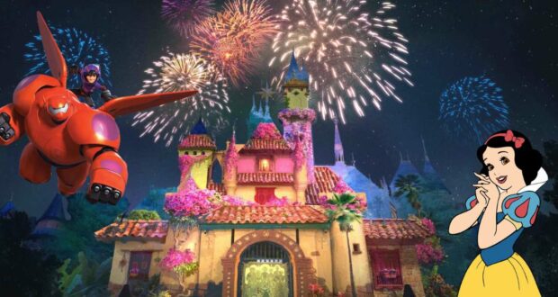 Explosive bursts of fireworks light up the night sky over Sleeping Beauty Castle during Wondrous Journeys at Disneyland, with Mickey Mouse soaring joyfully alongside Minnie Mouse in the vibrant foreground, celebrating Disney magic.