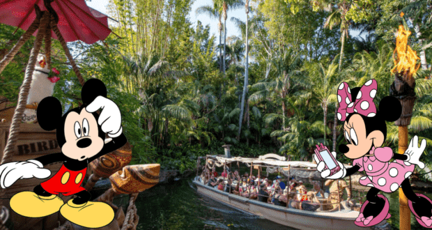 Mickey Mouse and Minnie Mouse, decked out in adventure gear, welcome guests alongside a cheerful Jungle Cruise skipper in front of the iconic Jungle Cruise boat amid lush tropical scenery at Disney World.
