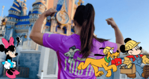 A guest in Disney-themed athletic wear celebrates in front of Cinderella Castle, striking a victory pose as Minnie Mouse, Pluto, and Mickey Mouse are cheerfully superimposed into the scene, all highlighting the festive atmosphere of a runDisney event at Walt Disney World.