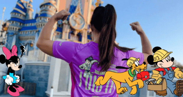 A guest in Disney-themed athletic wear celebrates in front of Cinderella Castle, striking a victory pose as Minnie Mouse, Pluto, and Mickey Mouse are cheerfully superimposed into the scene, all highlighting the festive atmosphere of a runDisney event at Walt Disney World.