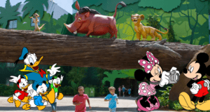 Kids dash beneath towering Lion King characters as Donald Duck, his nephews, Minnie Mouse, and Mickey Mouse greet guests up front, capturing the excitement of Walt Disney World Resort magic—and the thrill of special hotel savings.