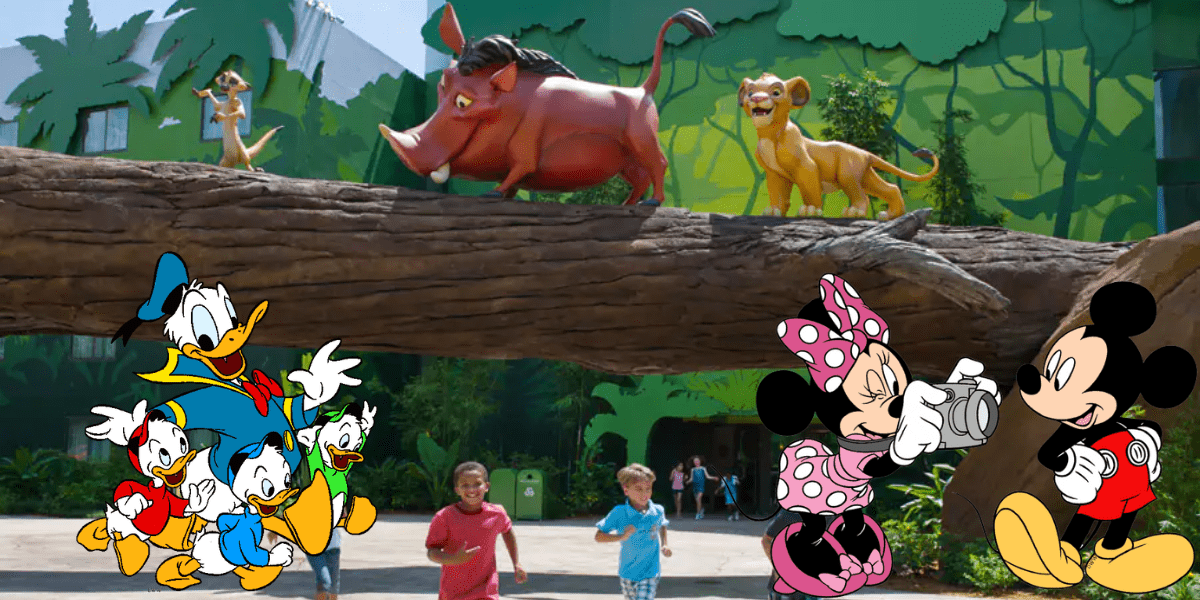Kids dash beneath towering Lion King characters as Donald Duck, his nephews, Minnie Mouse, and Mickey Mouse greet guests up front, capturing the excitement of Walt Disney World Resort magic—and the thrill of special hotel savings.