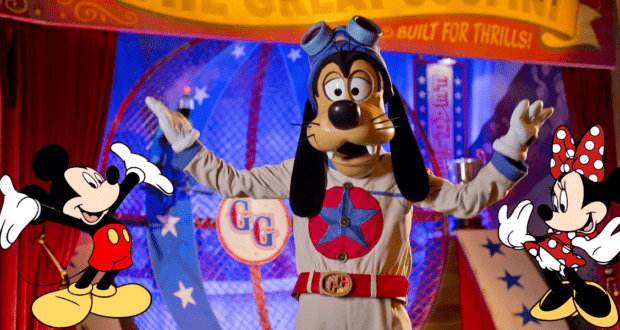 Goofy, dressed as a daring stunt pilot, poses with Mickey Mouse and Minnie Mouse amid vibrant circus decor at Pete’s Silly Sideshow in Magic Kingdom.