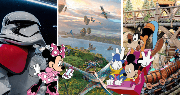 Stormtrooper from Star Wars, Mickey Mouse and classic Disney characters, and a magical landscape featuring floating mountains and a thrilling log flume ride, all inspired by top Walt Disney World attractions of 2022.