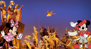 Minnie and Mickey Mouse pose together in front of a vibrant Lion King Broadway show, surrounded by spectacular animal costumes and dazzling stage effects, capturing the excitement of Disney entertainment.