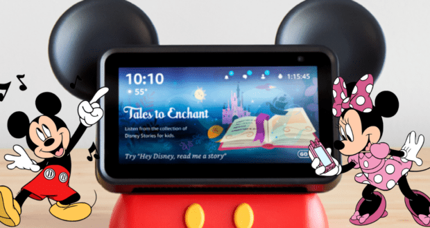 Step into the magic as a Mickey Mouse–themed smart display showcases a vibrant Disney story, with beloved icons Mickey and Minnie flanking the screen. The Hey Disney virtual assistant stands by to enhance your entertainment experience, just like at your favorite Disney park.