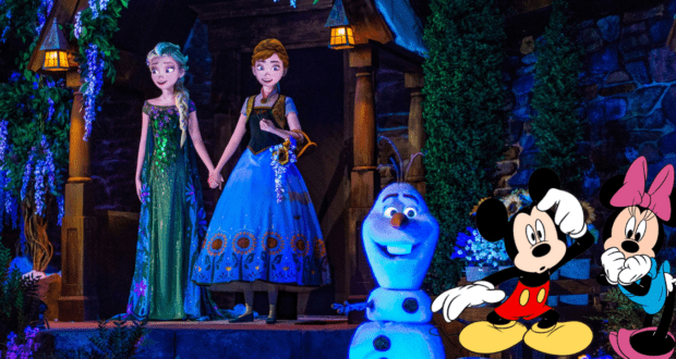 Elsa, Anna, and Olaf gather for a magical moment as Mickey and Minnie Mouse wave enthusiastically in the foreground, all beaming with smiles—creating a scene reminiscent of meeting the stunning Elsa animatronic at Hong Kong Disneyland.